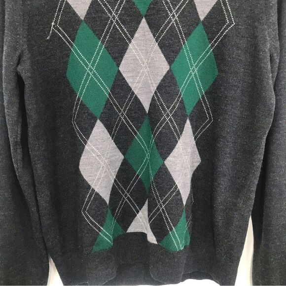 Banana Republic Gray Green Argyle 100% Merino Wool V Neck Pullover Sweater - Picture 3 of 16